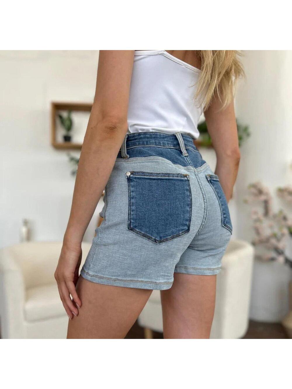 Judy Blue Color Block Denim Stretch Shorts Sz M EUC